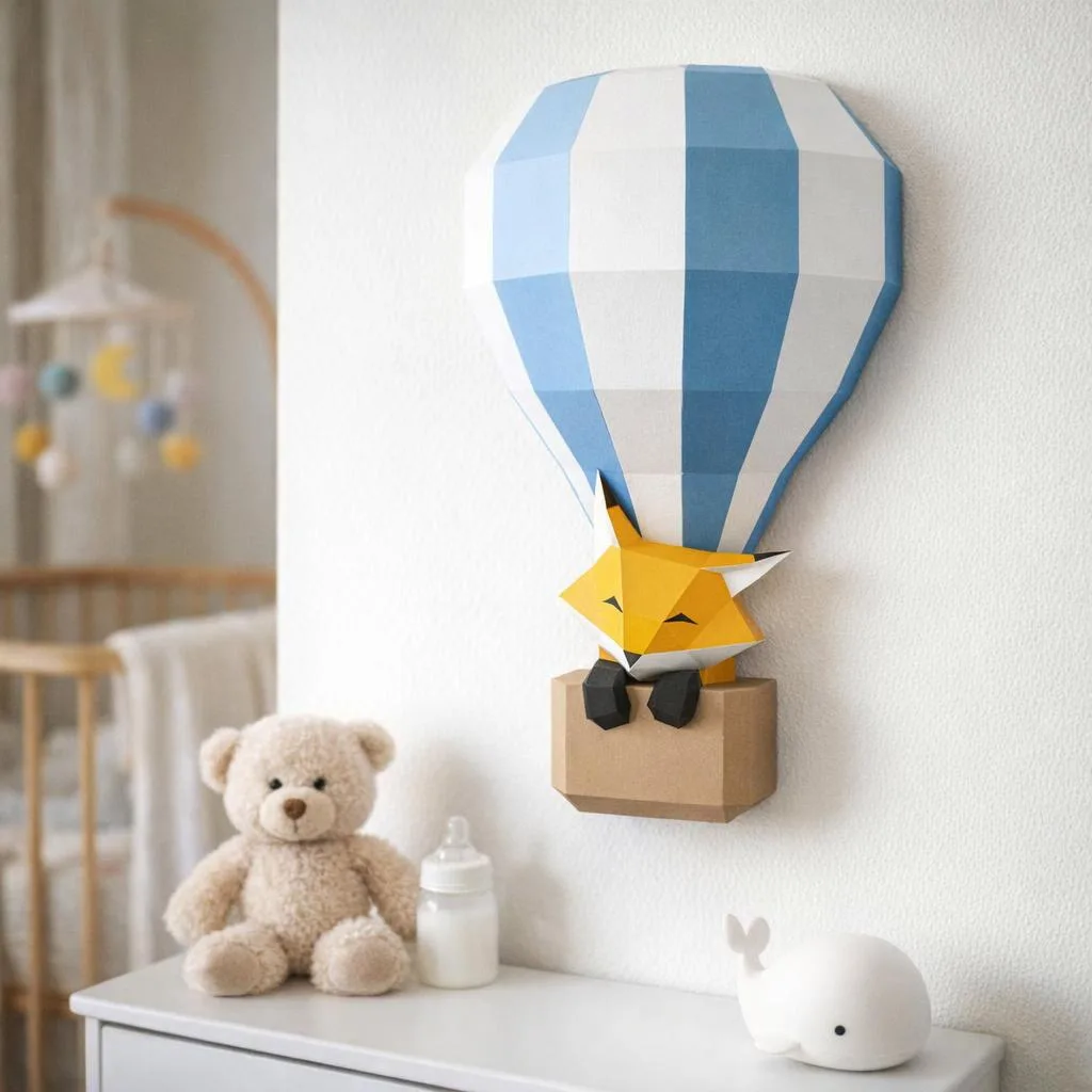 Papercraft bebê raposa em balão de ar quente origami 3D