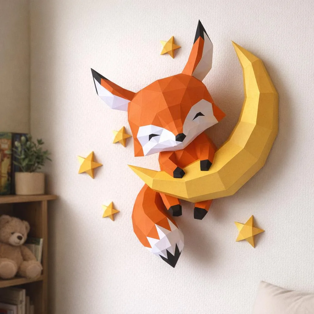 Papercraft zorro bebé sobre la luna en origami