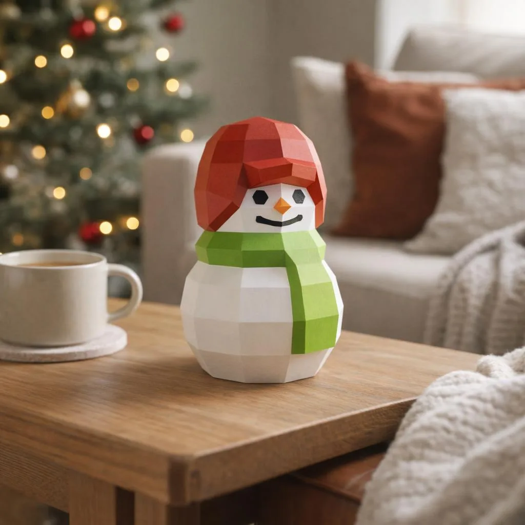 Papercraft bonhomme de neige au bonnet rouge en origami 3D