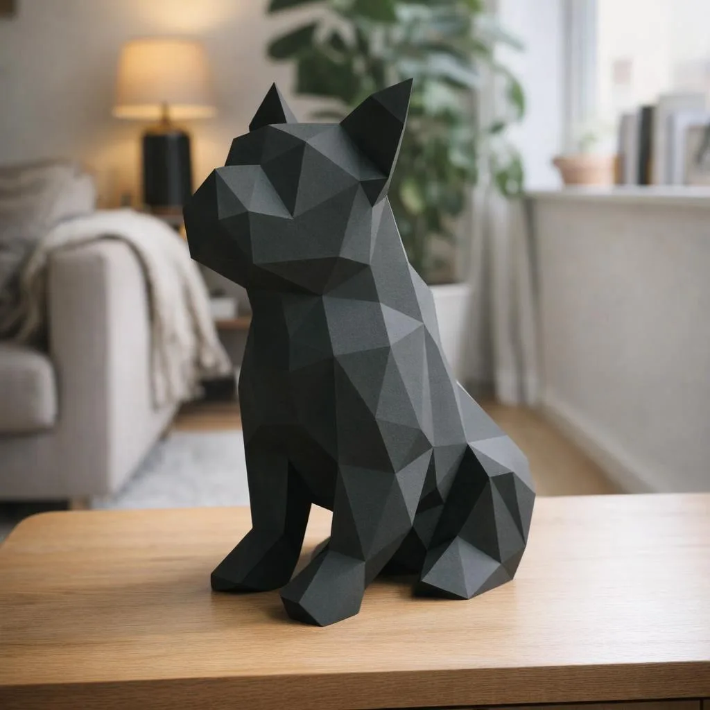Papercraft schwarzer französischer Bulldogge sitzend als 3D-Origami
