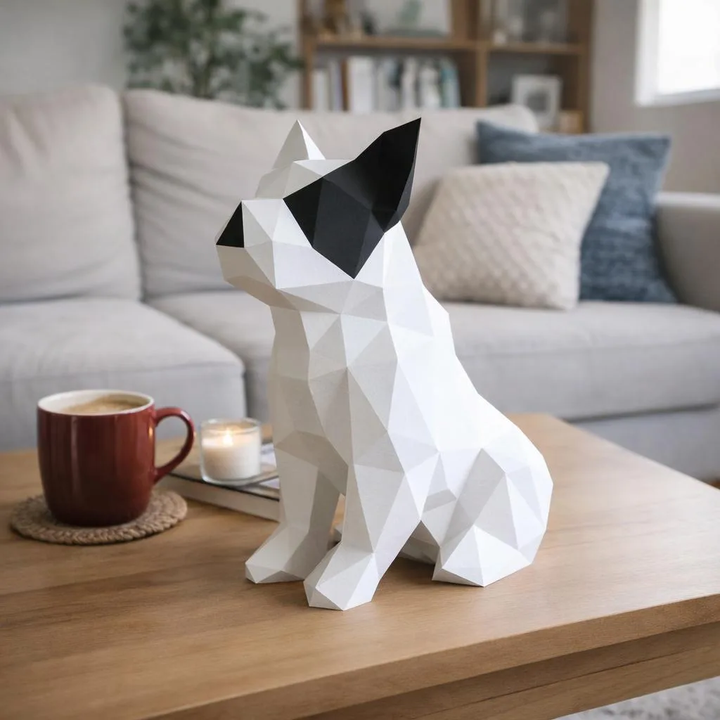 Papercraft buldogue francês sentado em origami 3D