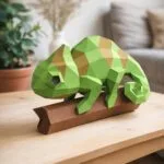 Papercraft kameleon op tak in 3D-origami, weergave 2