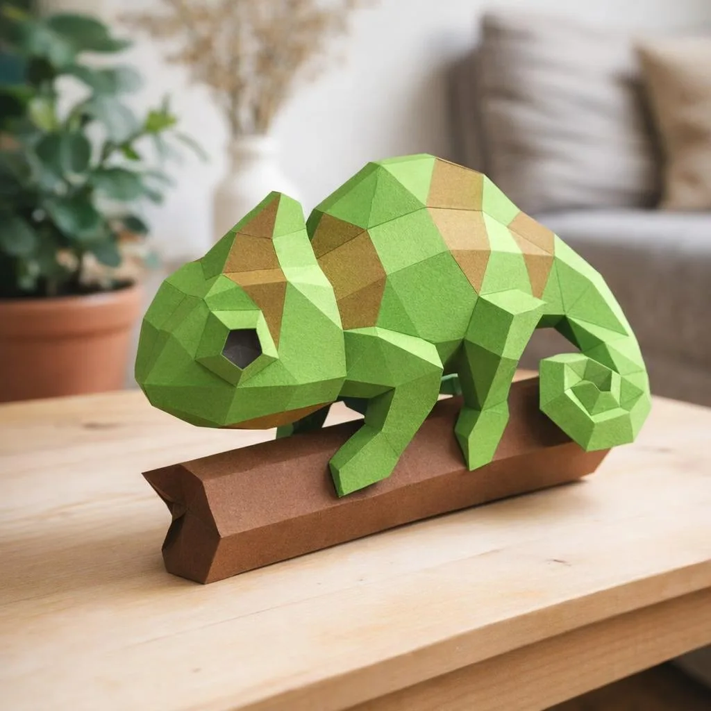 Papercraft-Chamäleon auf Ast als 3D-Origami