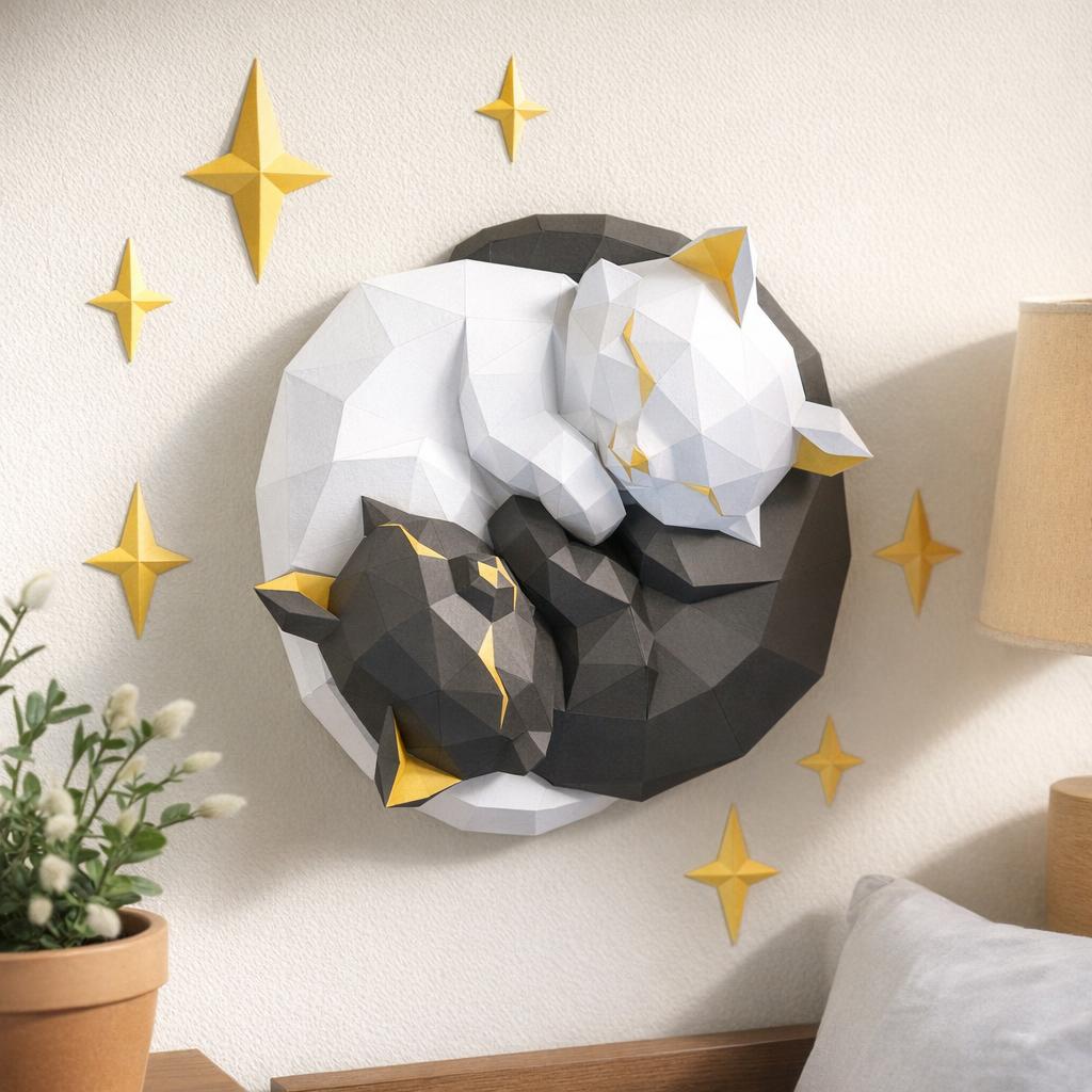 Papercraft chat entrelacés ying et yang en origami