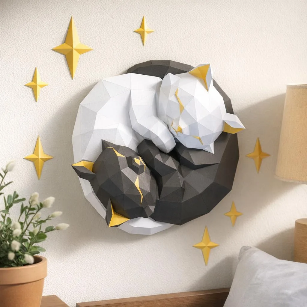Papercraft Yin-Yang-Katzen als Origami aus Papier