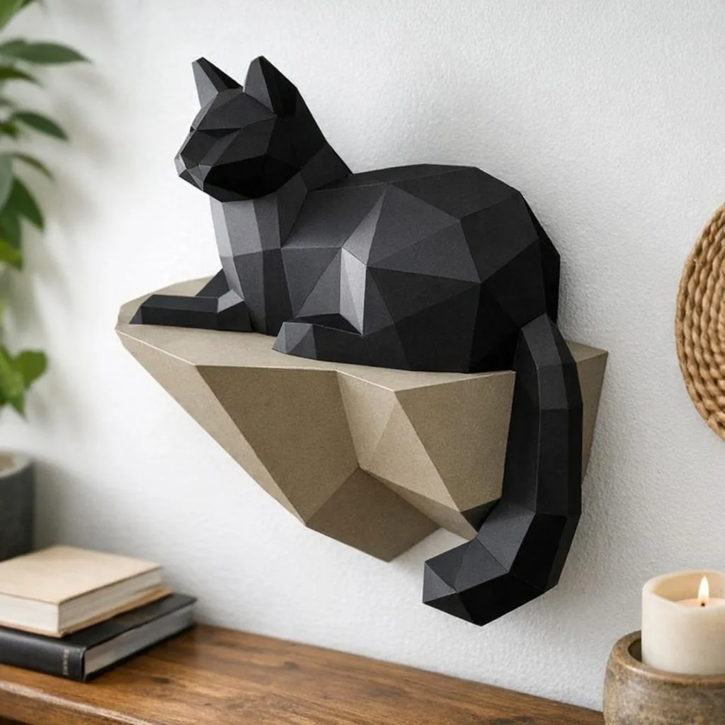 Papercraft Katze auf einem Felsen in 3D-Origami