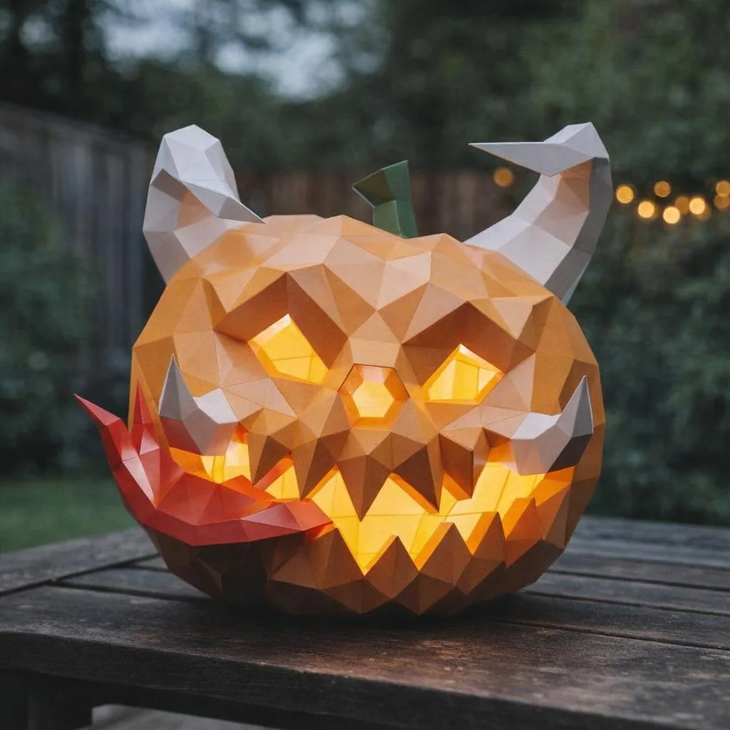 Halloween pompoen papercraft origami 3D met hoorns