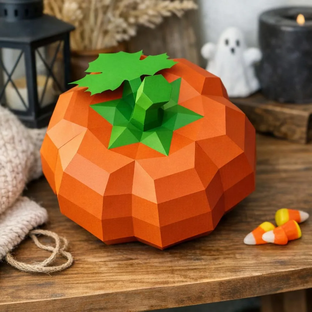 Papercraft abóbora Halloween, origami 3D em papel DIY