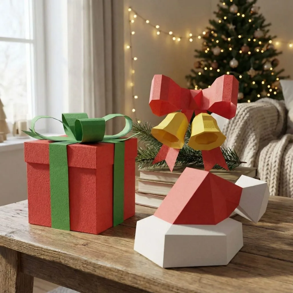 Papercraft collection of small Christmas objects in 3D origami