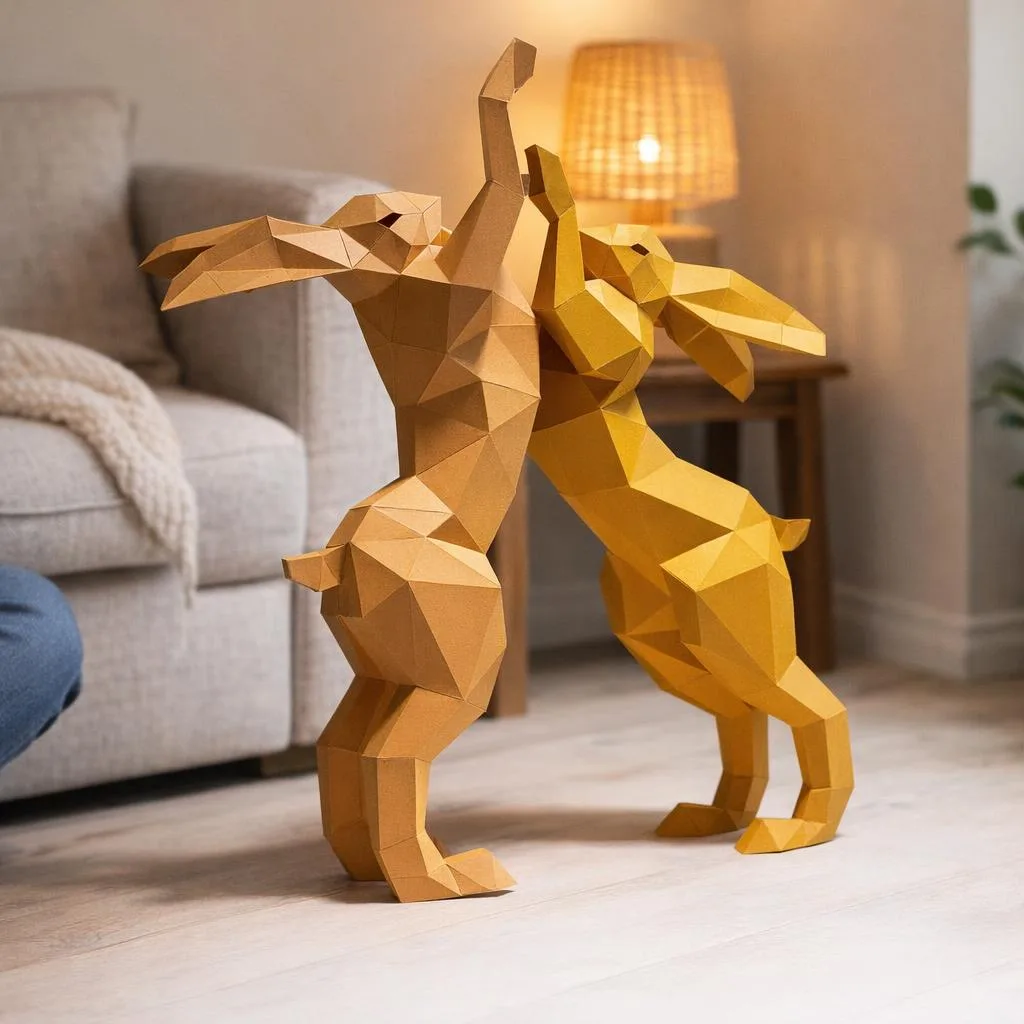 Papercraft de combate de coelhos em origami 3D