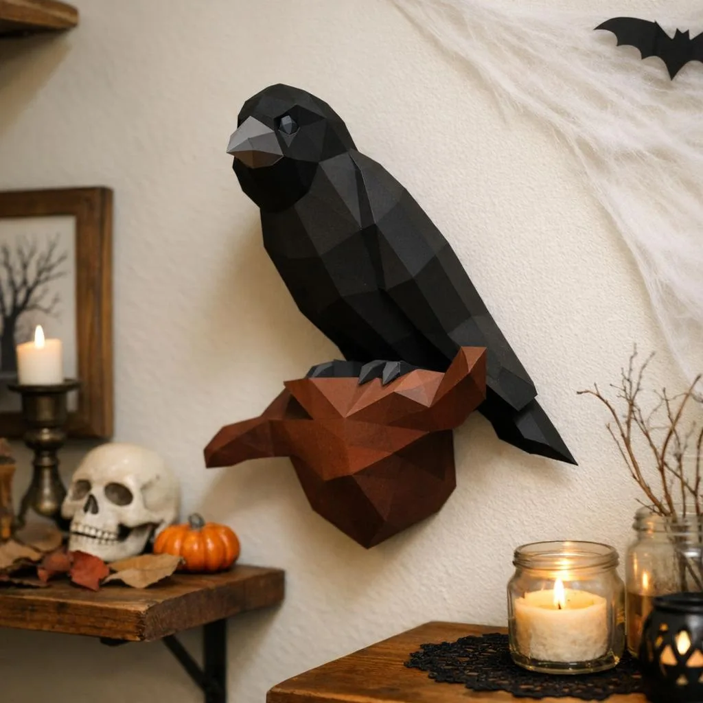 Papercraft corvo da parete appollaiato in origami 3D