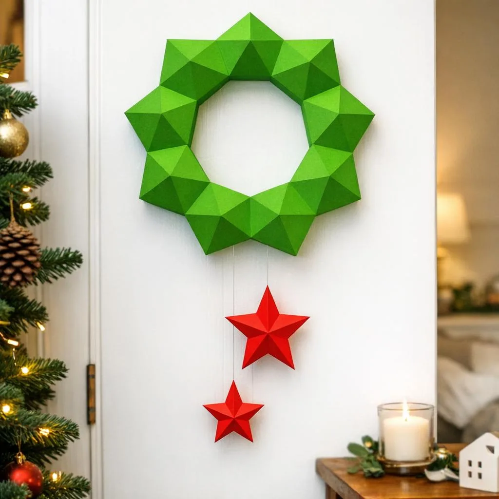 Kerstkrans met rode sterren in 3D-origami papercraft