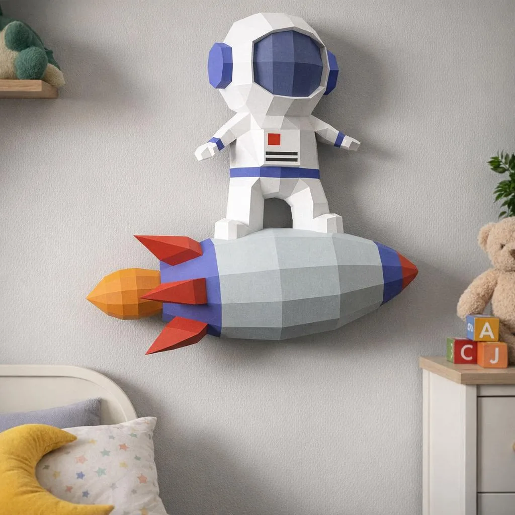 Astronaut auf Rakete als 3D-Origami-Papercraft