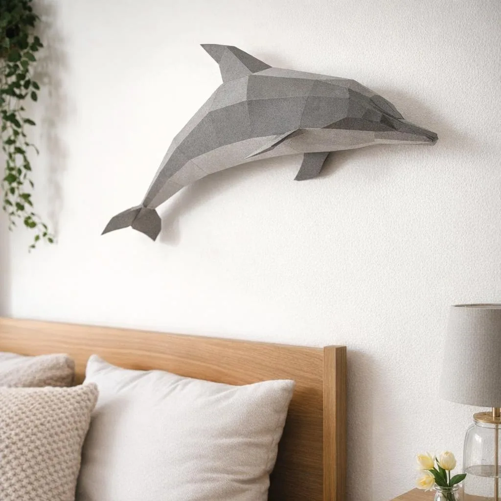 Papercraft de golfinho cinza de parede em origami 3D