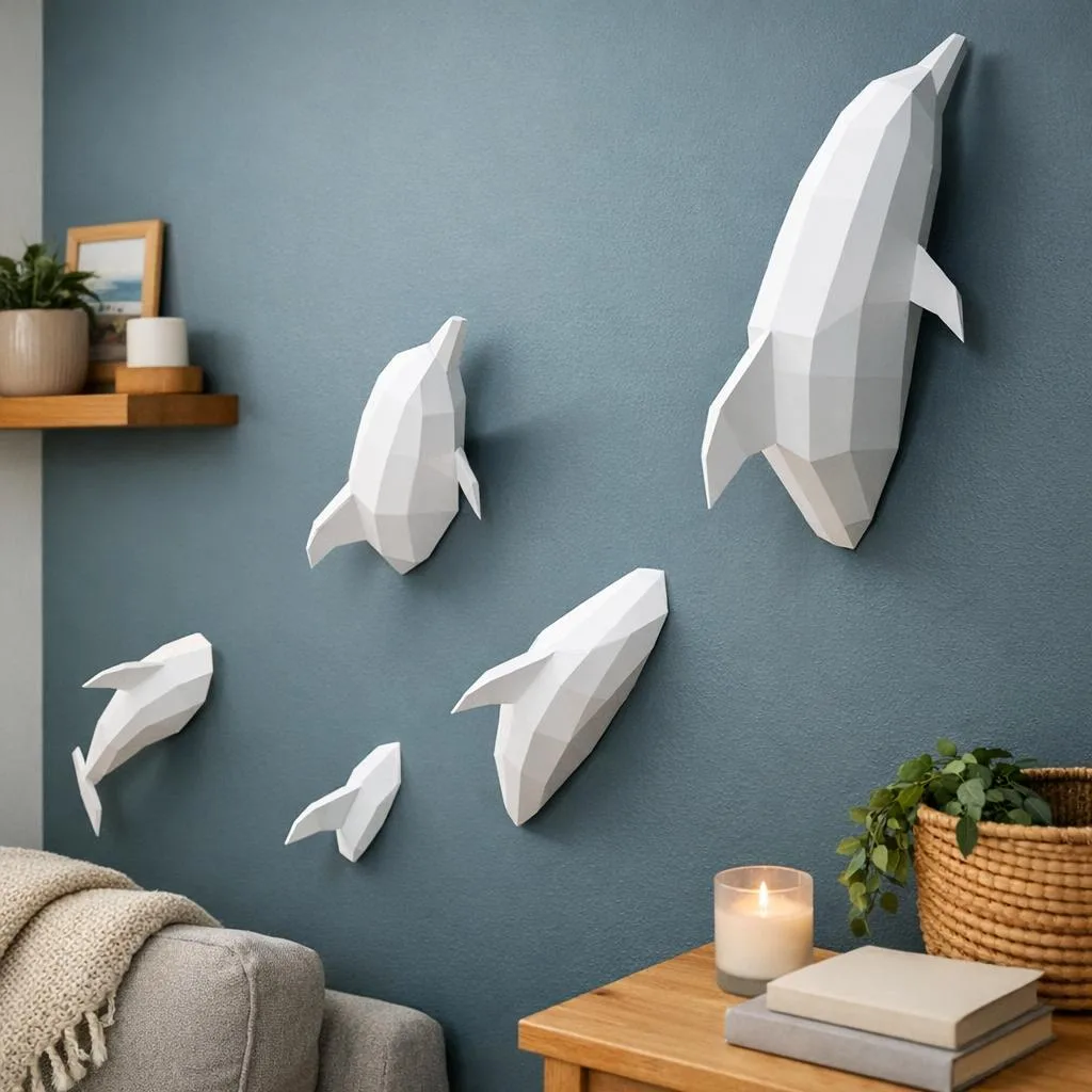 3D origami white dolphin wall papercraft