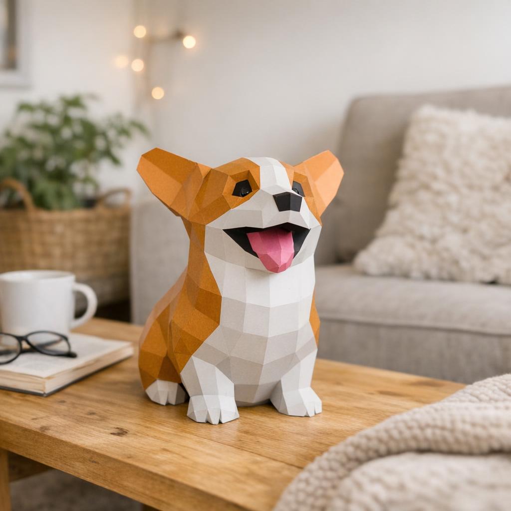 Papercraft de bébé Corgi assis mignon en origami 3D