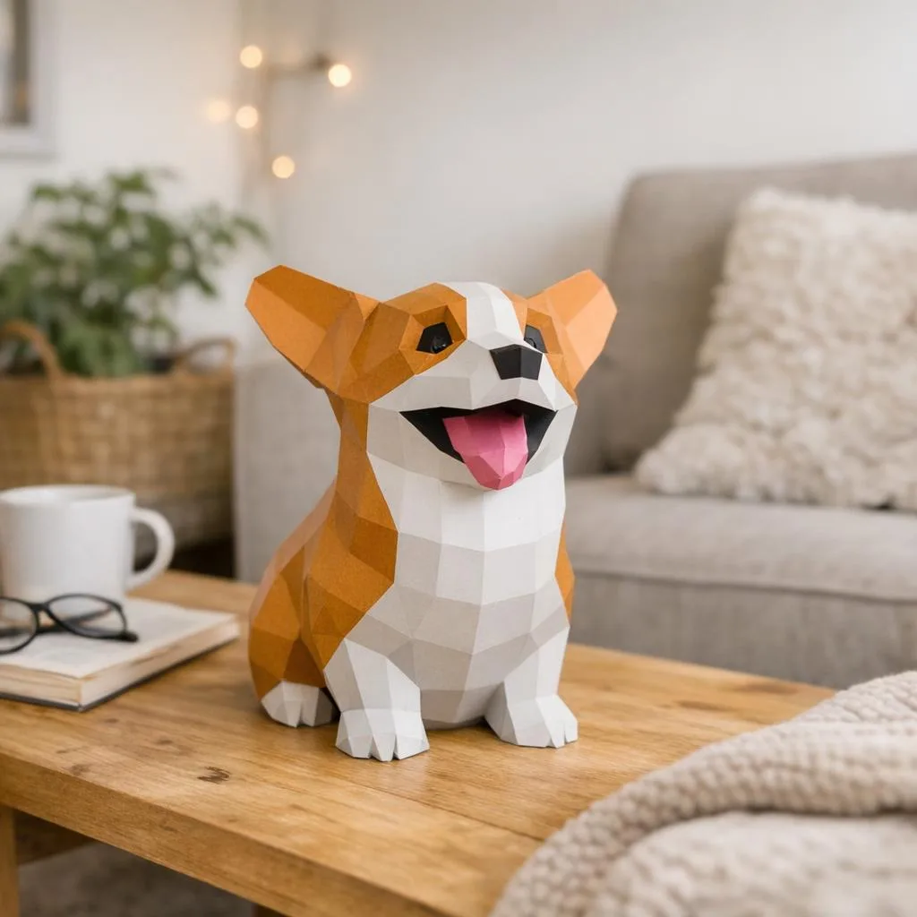 Papercraft süßer sitzender Baby-Corgi als 3D-Origami