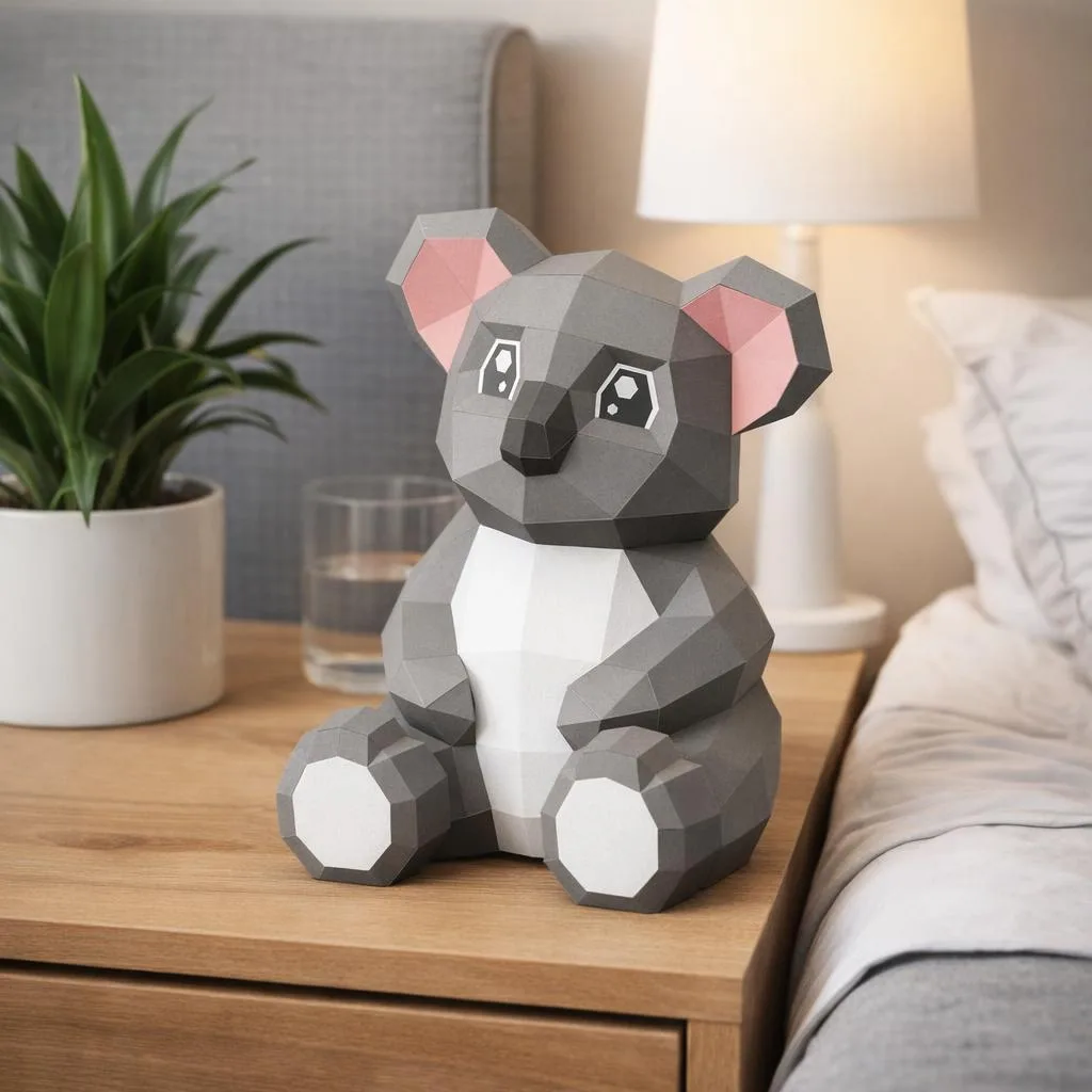 Papercraft Baby-Koala mit rosa Ohren als 3D-Origami
