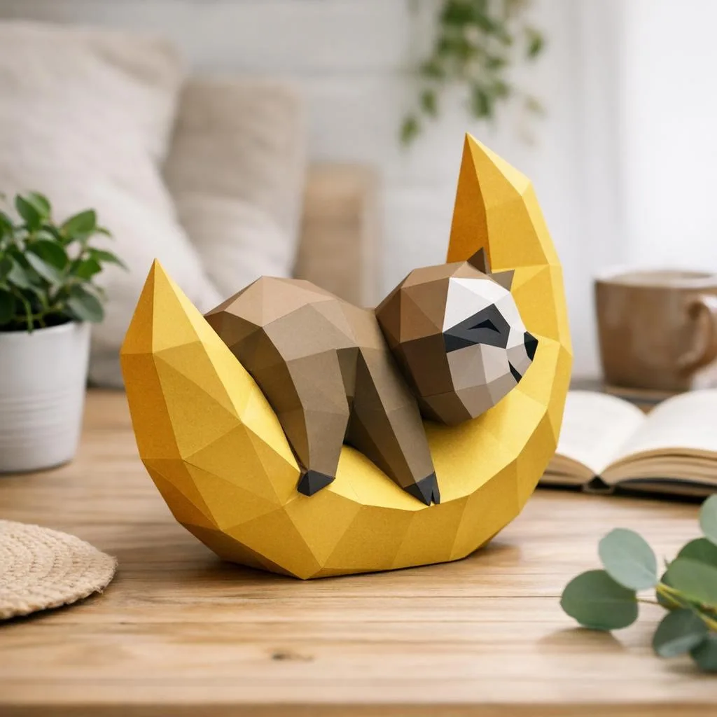 Papercraft Baby-Faultier auf dem Mond als 3D-Origami