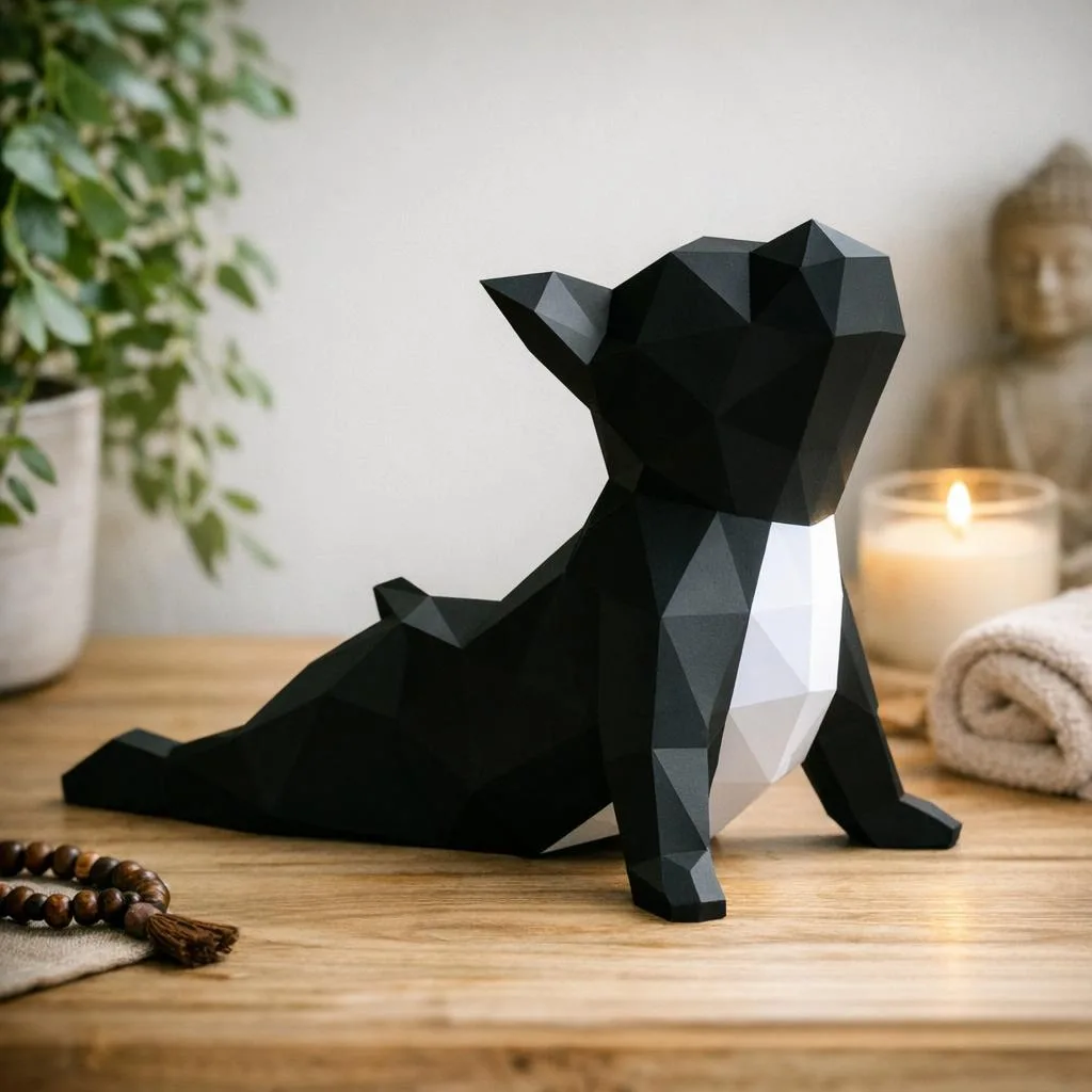 Papercraft Französische Bulldogge beim Yoga als 3D-Origami
