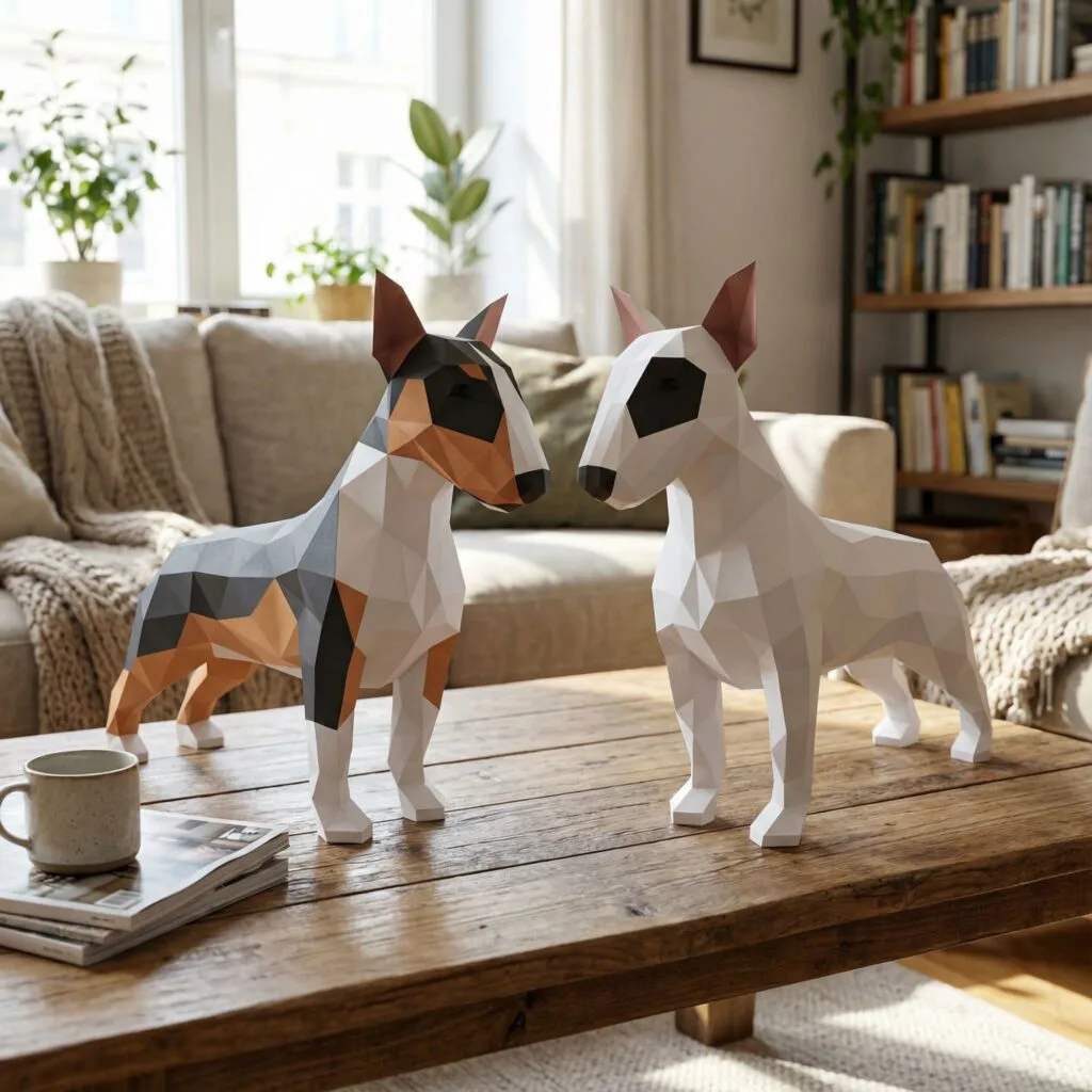 Buntes Bull-Terrier-Duo als 3D-Origami-Papercraft