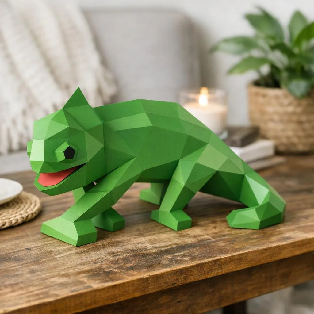Papercraft de camaleón sacando la lengua en origami 3D