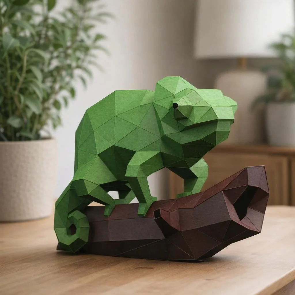 3D-Origami-Papercraft Chamäleon auf einem Ast
