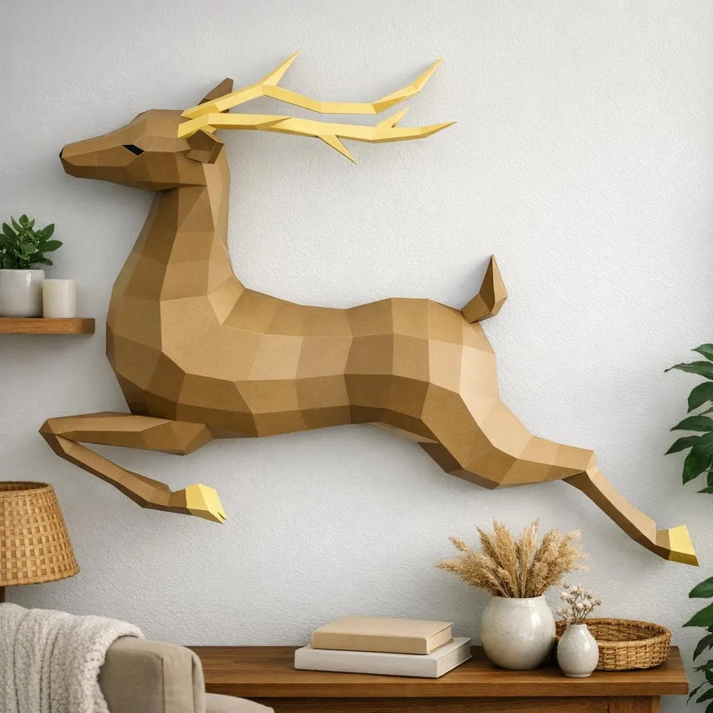 Papercraft de cervo mural em origami 3D
