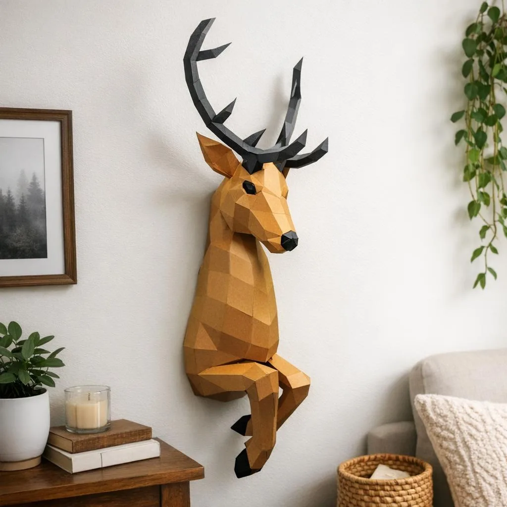 Papercraft-Hirsch, der in 3D-Origami aus der Wand tritt