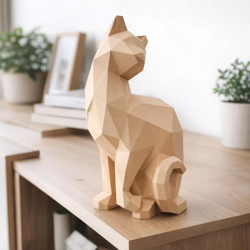 Beige sitzende Katze als 3D-Origami-Papercraft