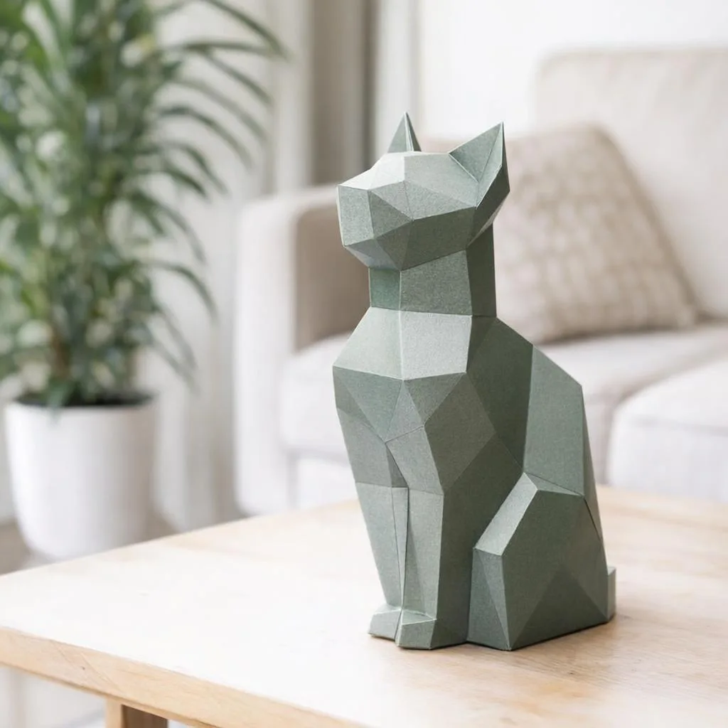 Papercraft de gato sentado em origami 3D