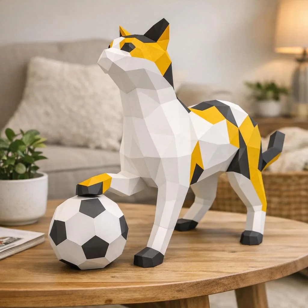 Papercraft-Katze mit Ball in 3D-Origami