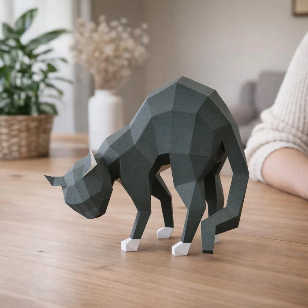Papercraft de gato asustado en origami 3D