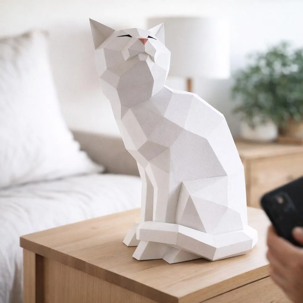 Papercraft de gato blanco en origami 3D
