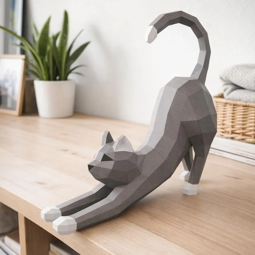 Sich streckende Papercraft-Katze im 3D-Origami-Stil