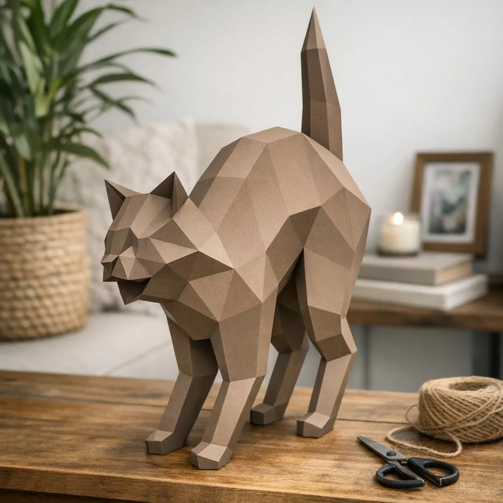 Papercraft-Katze mit rundem Rücken im Origami-Stil