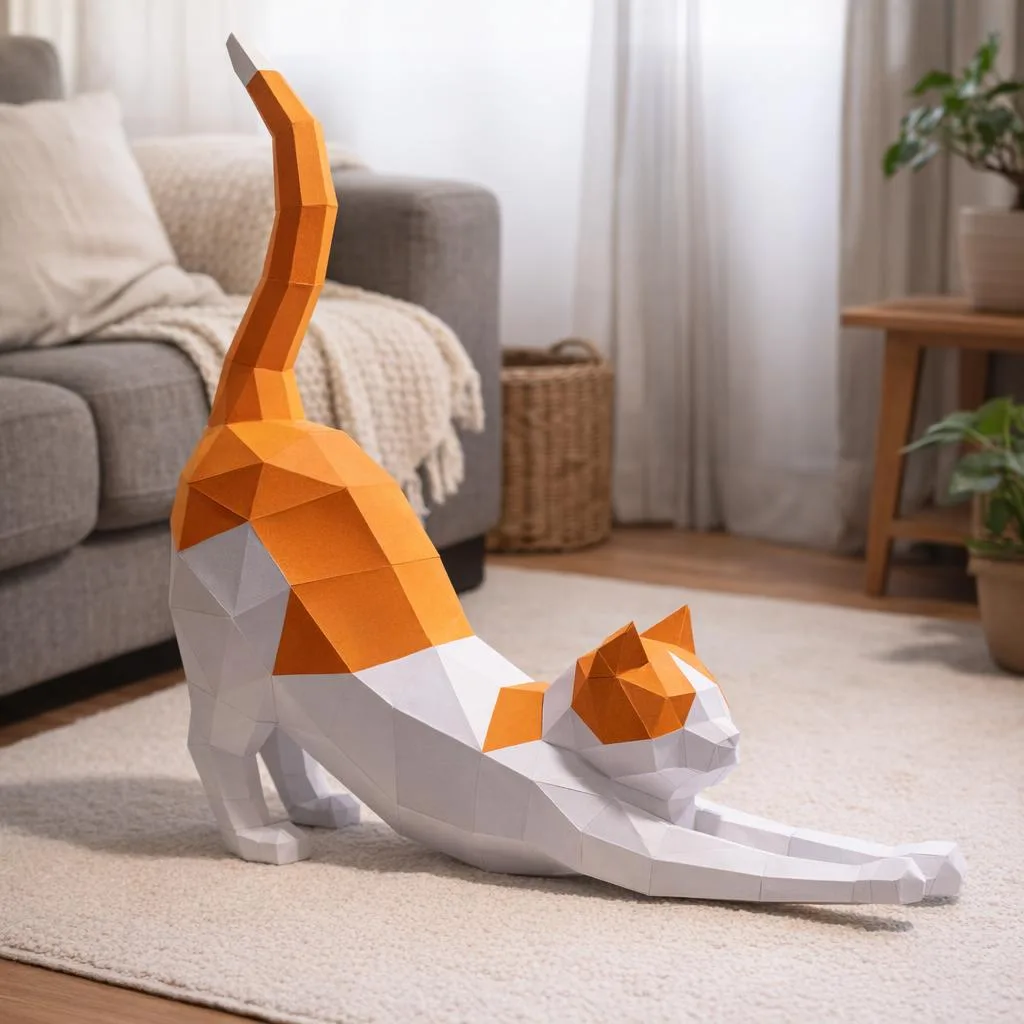Papercraft de gato estirándose en origami 3D