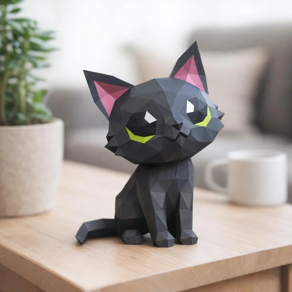 Schwarze Katze als 3D-Origami-Papercraft
