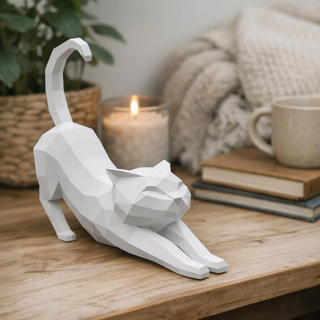 Papercraft einer sich streckenden Katze als 3D-Origami