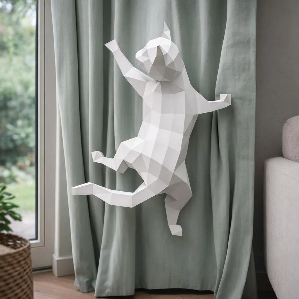 Papercraft-Katze am Vorhang als 3D-Origami