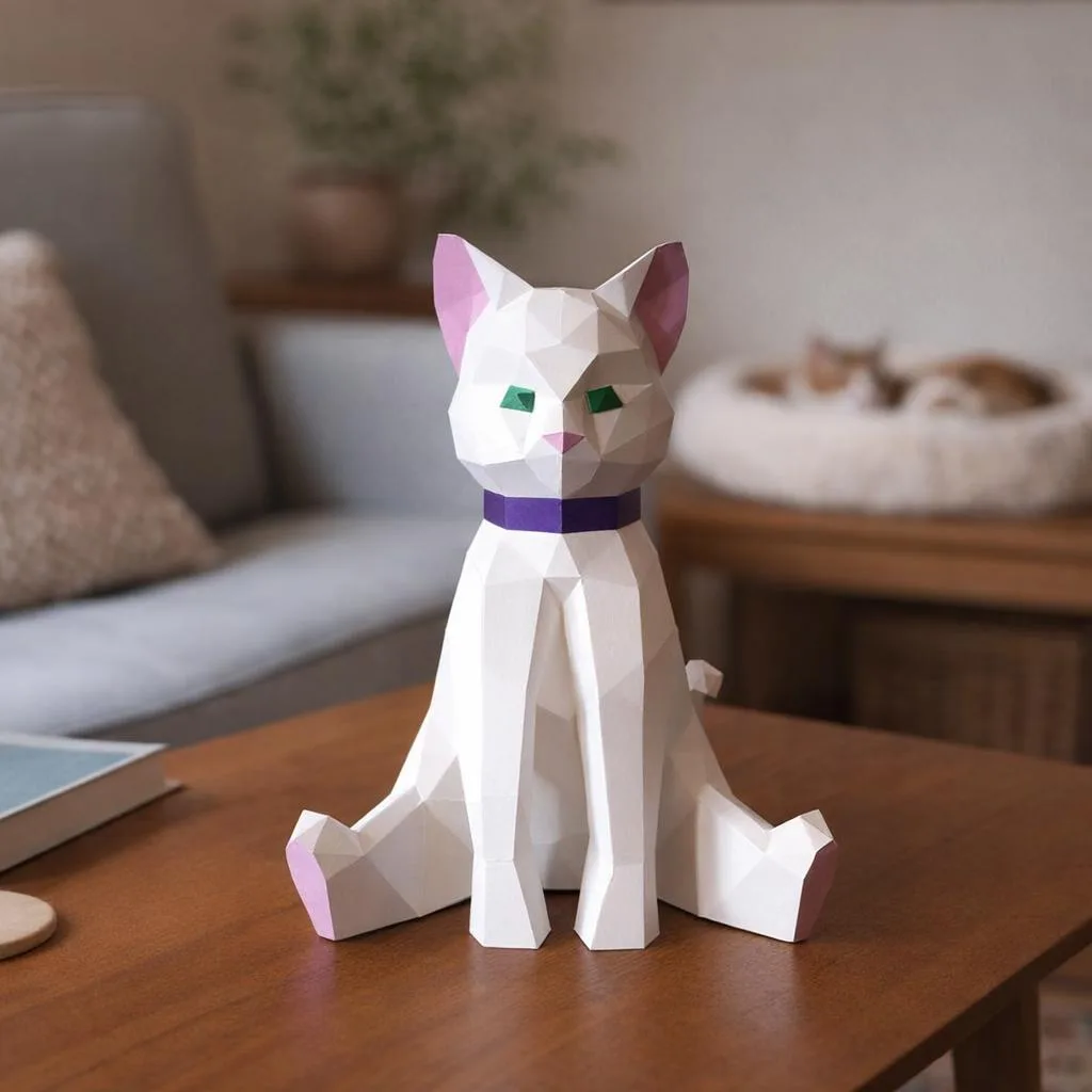 Papercraft de gatito blanco en origami 3D