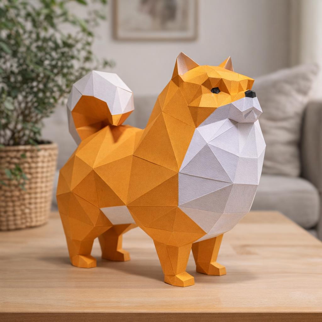 Papercraft de chien Pomeranian en origami 3D