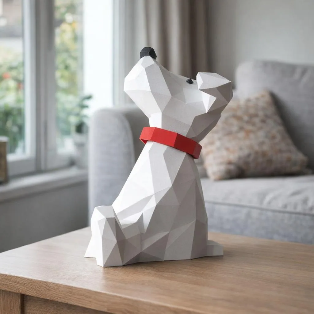 Papercraft weißer Welpe mit rotem Halsband aus Origami