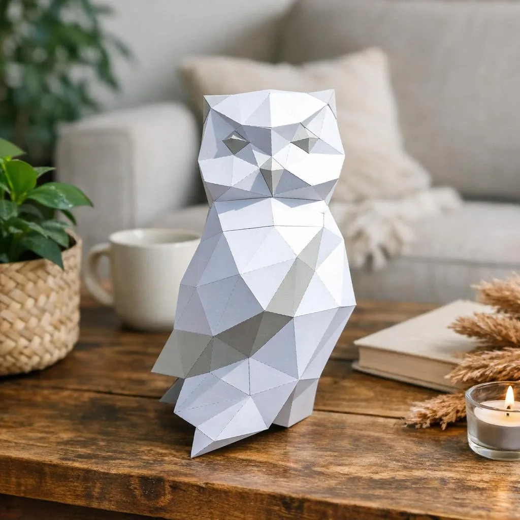 Papercraft de coruja branca em origami 3D