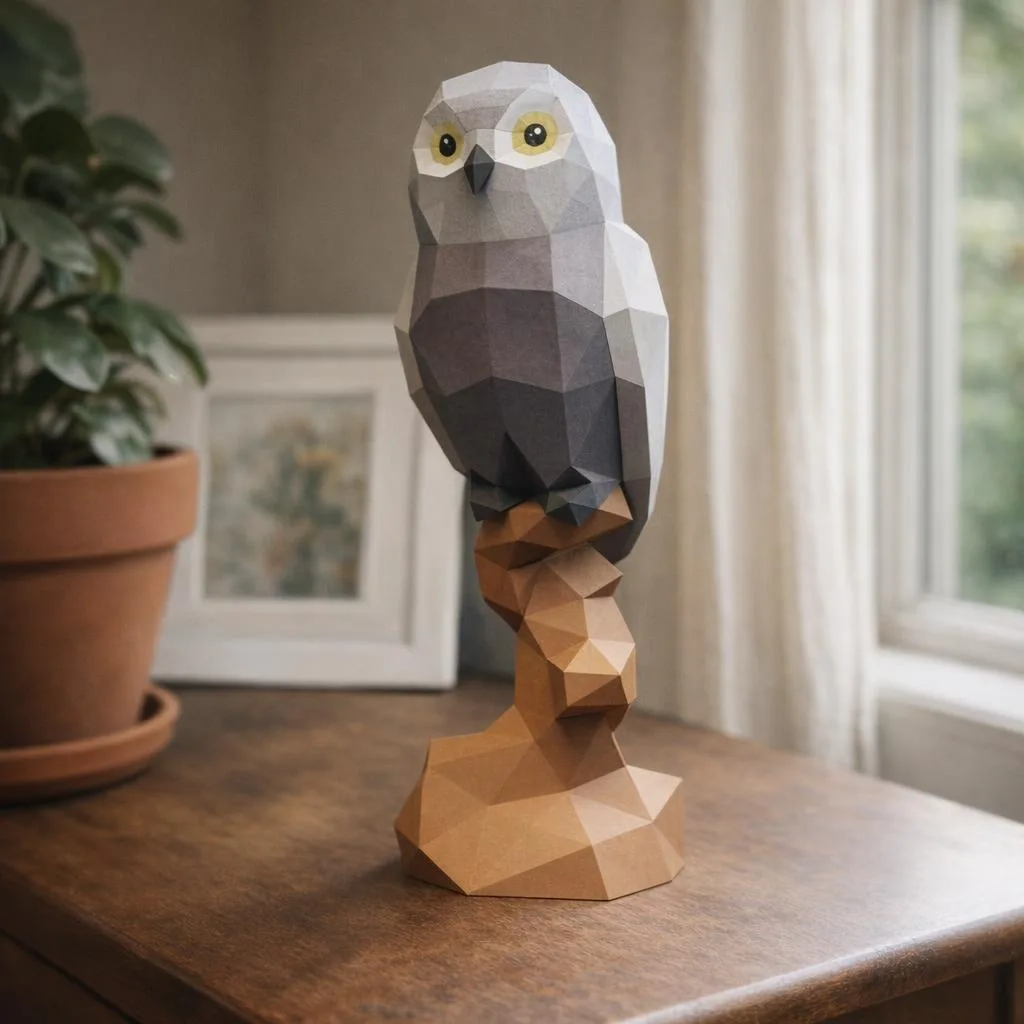 Papercraft de coruja no galho em origami 3D