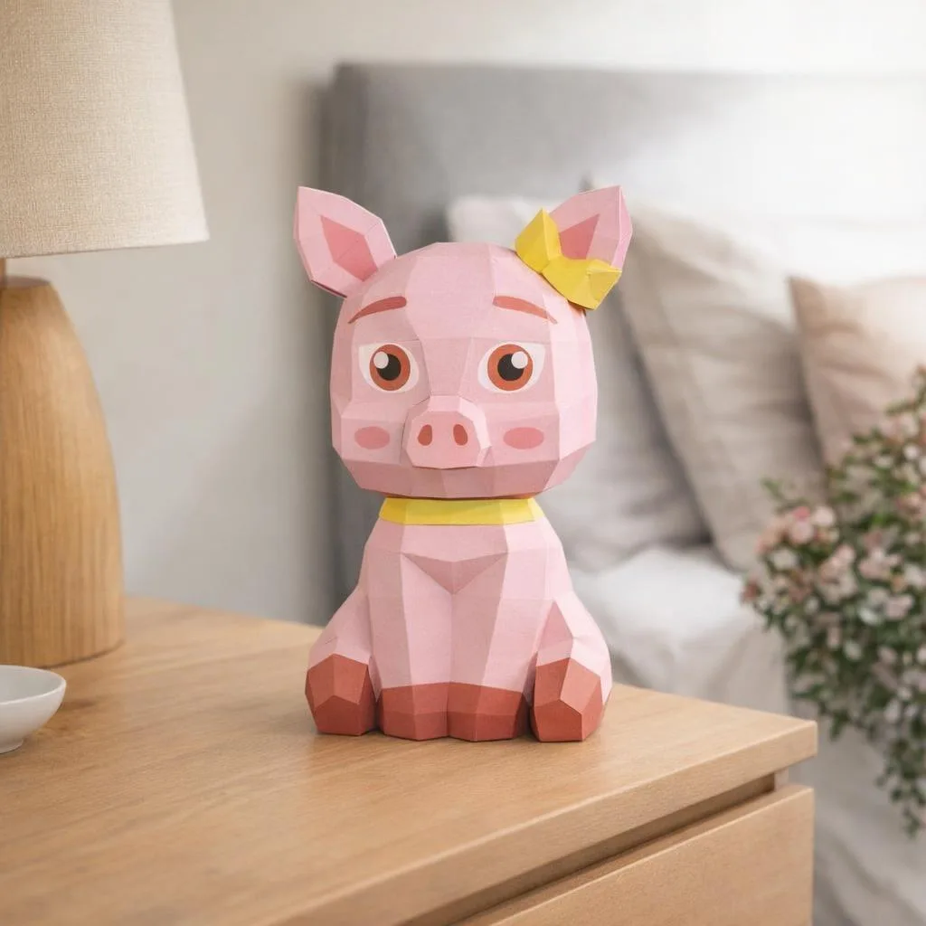 Papercraft de porquinho com laço em origami 3D