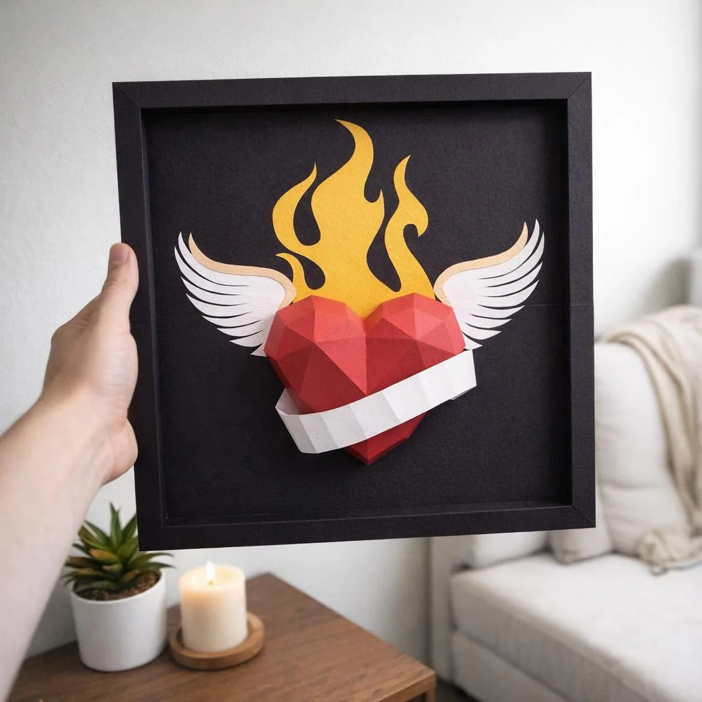Tattooed Heart Papercraft in 3D Origami Frame