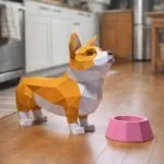 Papercraft de corgi avec sa gamelle en origami 3D, vue 2