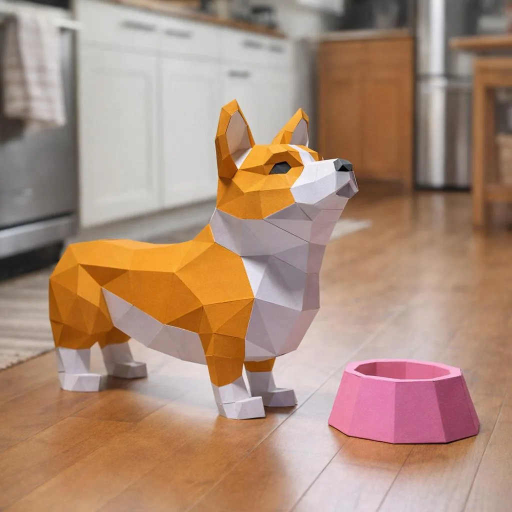 Papercraft de corgi con su cuenco en origami 3D