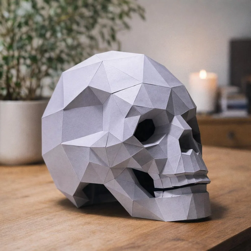 Papercraft eines menschlichen Schädels im Origami-Stil